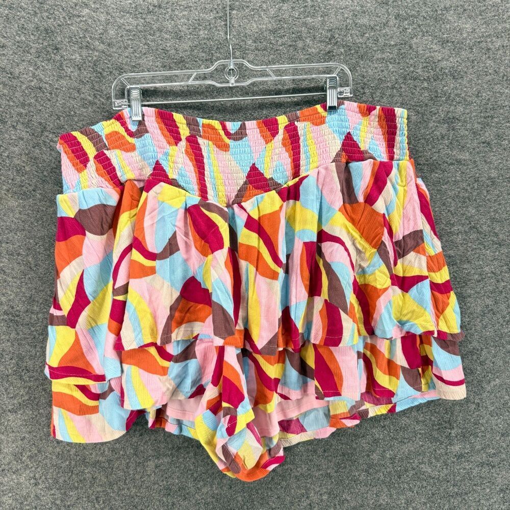 Torrid Shorts Women 4 Pink Geometric Chino Ruffle High Rise Elastic Waist Lined
